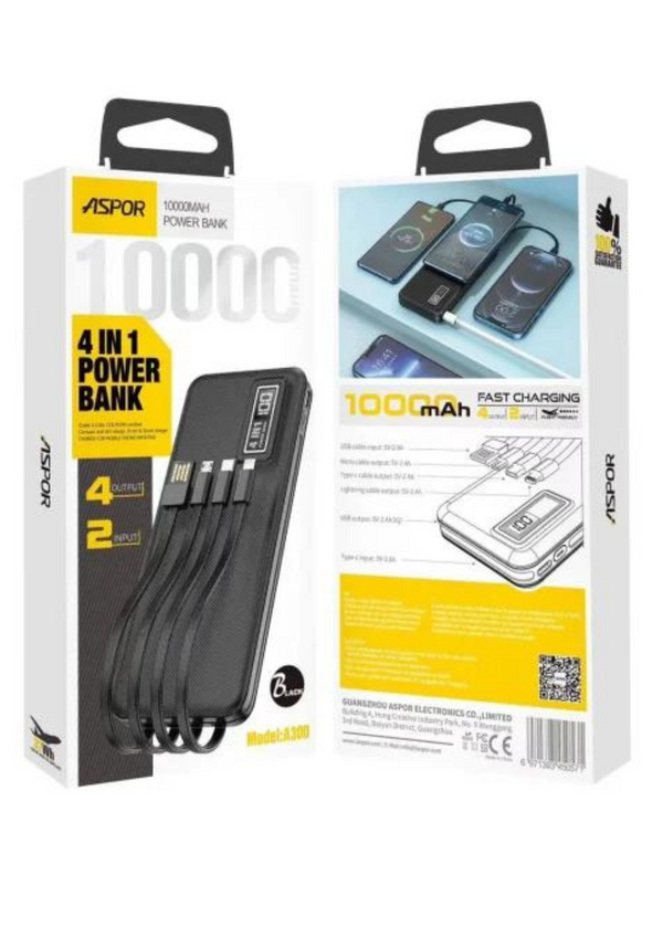 Aspor A300 Power Bank Original 10000mah Li-polymer Battery 4 In1 Power Bank Black
